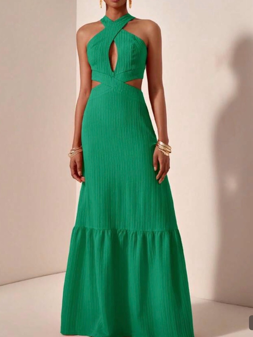 Emerald Cross-Halter Cutout Maxi Dress